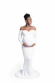 Pure White Long Sleeve Maternity Gown for Photo Shoot and Baby Showers - Jersey Maternity Dress