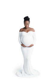 Pure White Long Sleeve Maternity Gown for Photo Shoot and Baby Showers - Jersey Maternity Dress