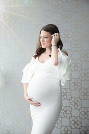 Ivory White Maternity Gown for Photo Shoot and Baby Showers - Ruffled Sleeve Maternity Dress