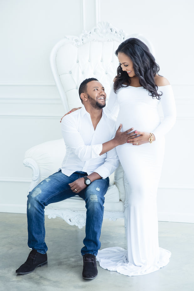 Pure White Long Sleeve Maternity Gown for Photo Shoot and Baby Showers - Jersey Maternity Dress