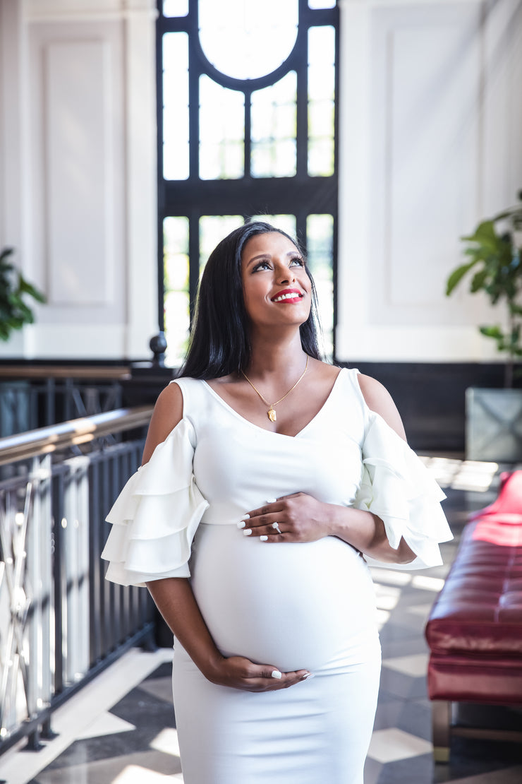 Ivory White Maternity Gown for Photo Shoot and Baby Showers - Ruffled Sleeve Maternity Dress