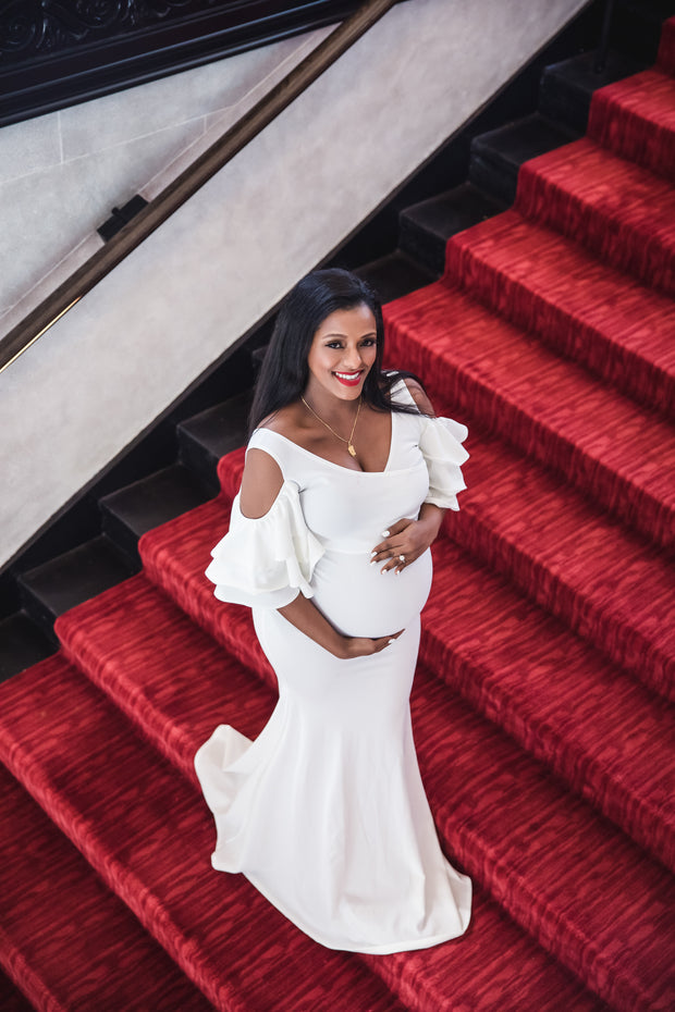 Ivory White Maternity Gown for Photo Shoot and Baby Showers - Ruffled Sleeve Maternity Dress