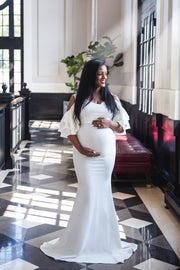 Ivory White Maternity Gown for Photo Shoot and Baby Showers - Ruffled Sleeve Maternity Dress